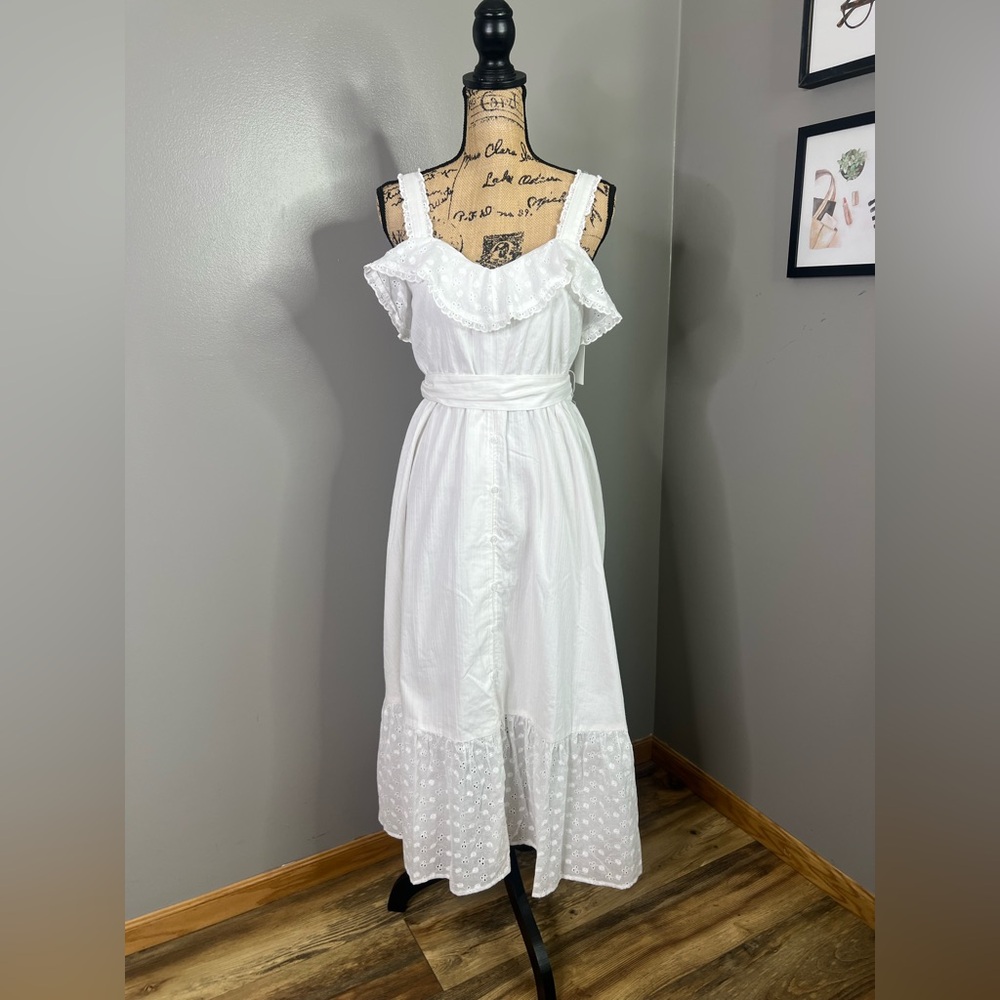 Aura‎ White Midi sun Dress Ruffle eyelet small cottagecore island travel cruise